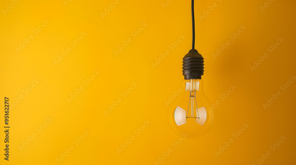 A yellow light bulb hanging from a yellow background A yellow light bulb hanging from a yellow background