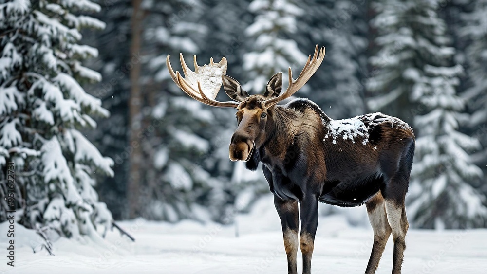 A large bull moose with a massive rack of antlers stands in a snowy forest. A large bull moose with a massive rack of antlers stands in a snowy forest.