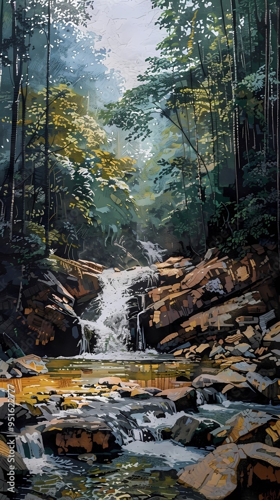 Fototapeta premium waterfall deep within a lush forest landscape abstract art poster background