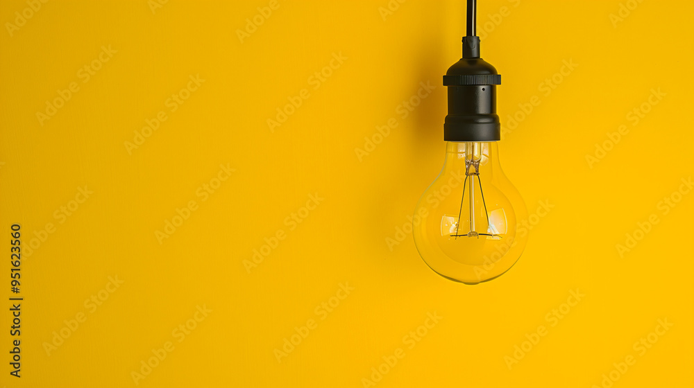 A yellow light bulb hanging from a yellow background A yellow light bulb hanging from a yellow background