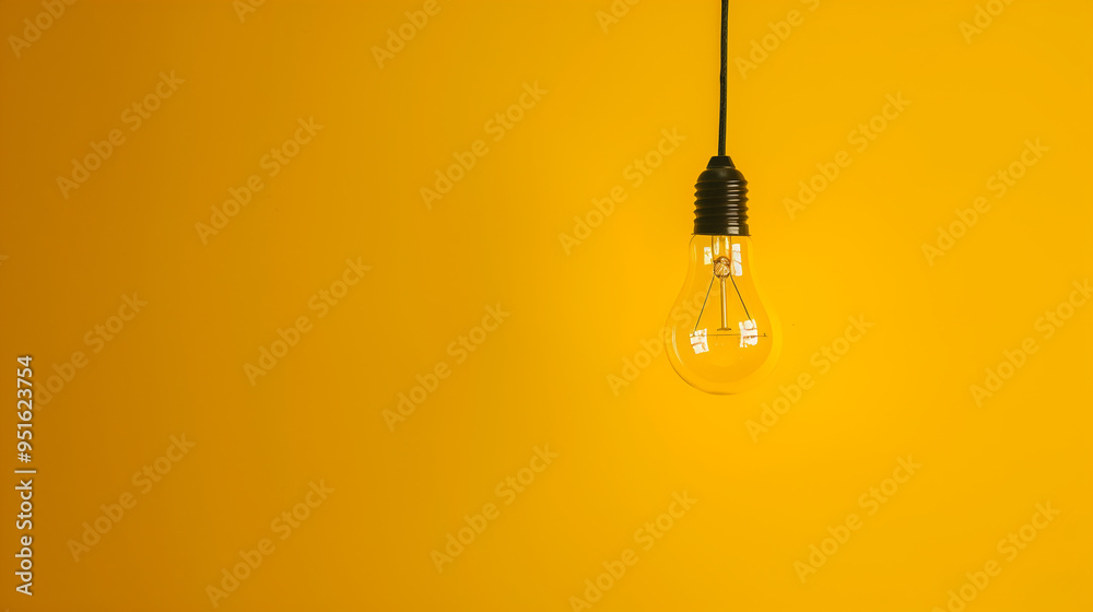 A yellow light bulb hanging from a yellow background A yellow light bulb hanging from a yellow background