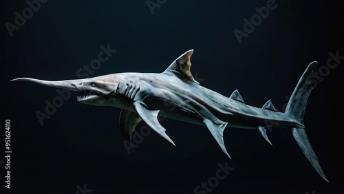 A longnose sawshark, a rare deep-sea shark with a distinctive elongated snout, is captured against a dark background. photo