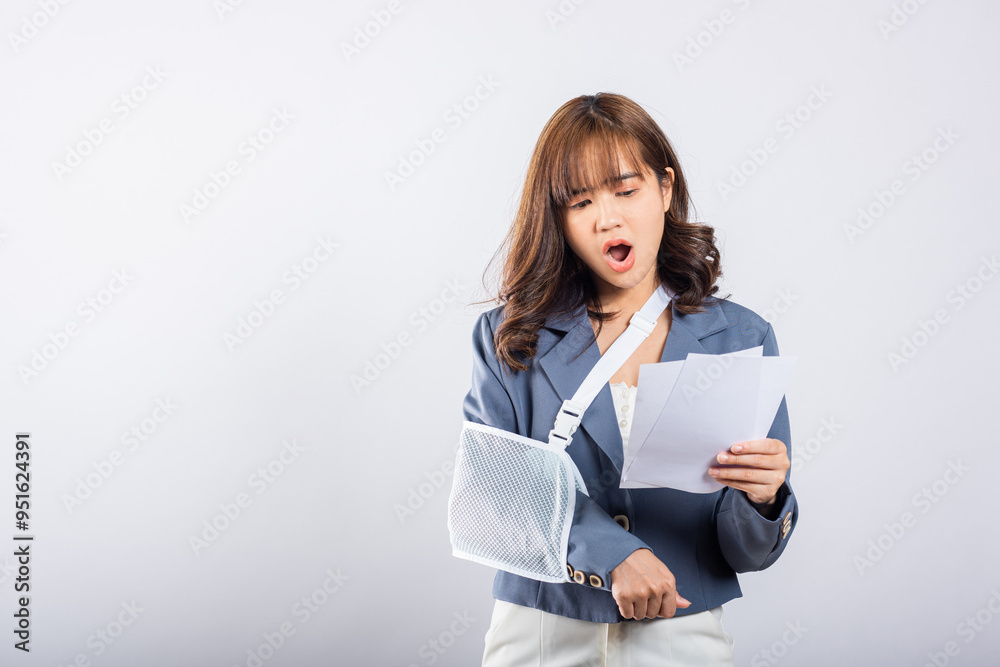 Depressed upset businesswoman arm in a splint after an accident, finds comfort in sling support from an excited while holding medical bills payment. Asian woman on white background, Broken arm Depressed upset businesswoman arm in a splint after an accident, finds comfort in sling support from an excited while holding medical bills payment. Asian woman on white background, Broken arm