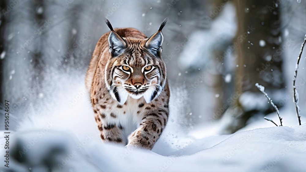 Fototapeta premium A lynx with piercing yellow eyes walks through a snowy forest, its fur blending seamlessly with the white surroundings.