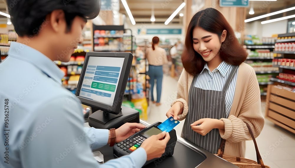 A woman paying by handing her credit card to the cashier at the supermarket. generative AI A woman paying by handing her credit card to the cashier at the supermarket. generative AI