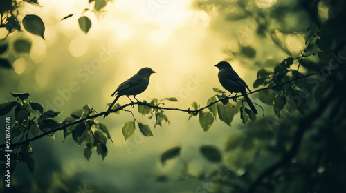 An eumyias indigo flycatcher perches on a mossy tree branch in the Mount Lawu montane forest in East Java. The backdrop is a natural bokeh, and there is a blue bird perched on a bough. A natural bokeh photo