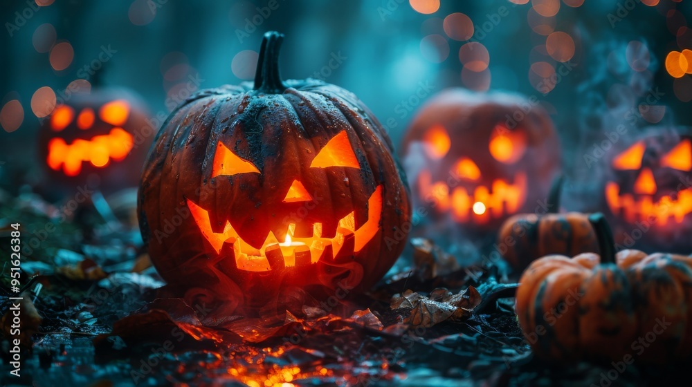 Jack-o'-Lanterns and Fog: Multiple Jack-o'-Lanterns glowing brightly amidst a thick, rolling fog, creating a classic Halloween visual.
Jack-o'-Lanterns and Fog: Multiple Jack-o'-Lanterns glowing brightly amidst a thick, rolling fog, creating a classic Halloween visual.