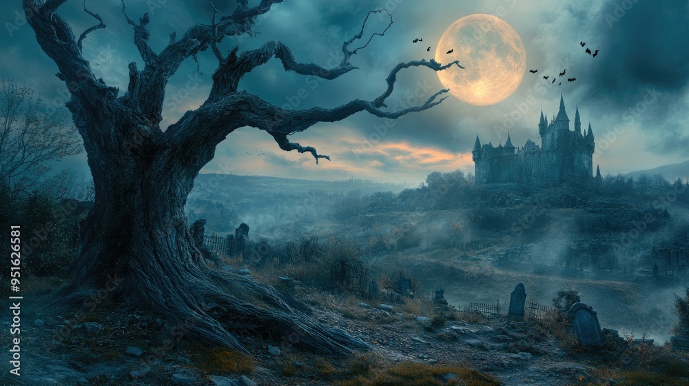 Graveyard cemetery to castle In Spooky scary dark Night full moon and bats on dead tree Graveyard cemetery to castle In Spooky scary dark Night full moon and bats on dead tree