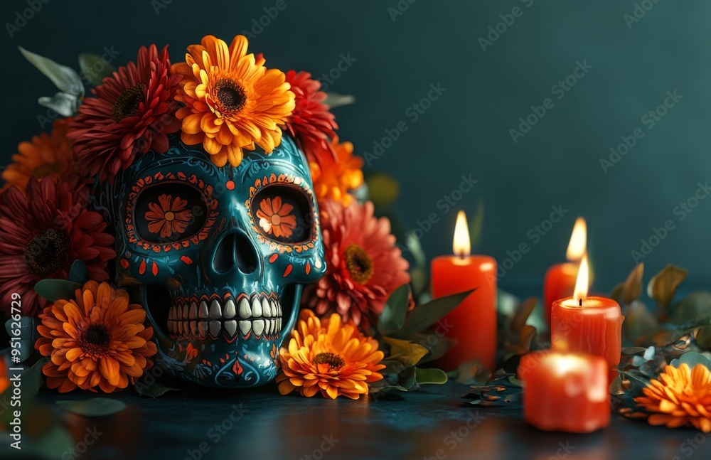 Day of the Dead celebration features a skull adorned with vibrant flowers and candles against a dark backdrop Day of the Dead celebration features a skull adorned with vibrant flowers and candles against a dark backdrop