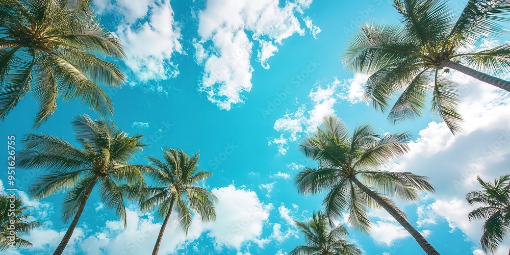 lots of palm trees against blue sky and white clouds lots of palm trees against blue sky and white clouds