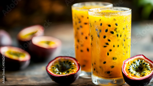 glass of passion fruit juice with fresh passion fruit halves on the side photo