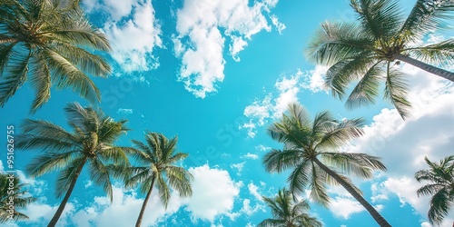 lots of palm trees against blue sky and white clouds 