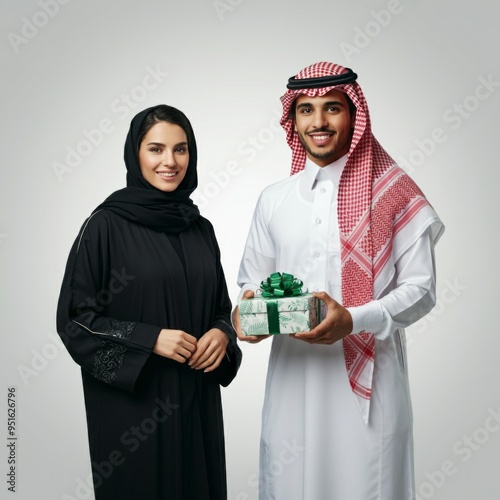 Arab man with his wife on white background
 photo