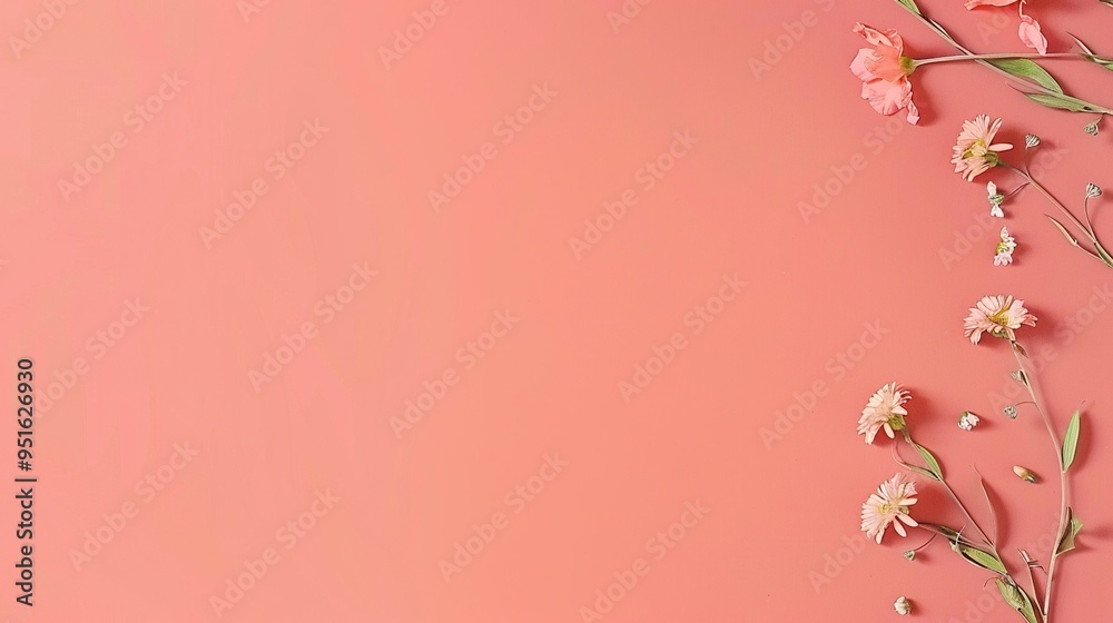 Minimalist Coral Red Background: Small Flowers on a Clean Background Simple Design Minimalist Coral Red Background: Small Flowers on a Clean Background Simple Design