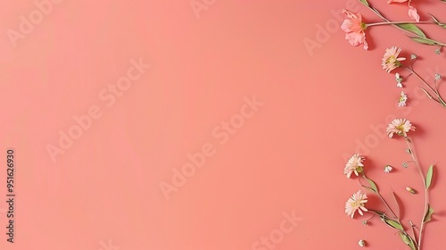 Minimalist Coral Red Background: Small Flowers on a Clean Background Simple Design