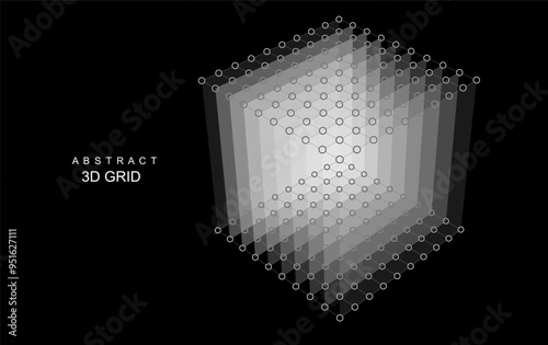 Abstract 3D grid cube. From dots and lines. Primitive object. 3D technology design. Futuristic wireframe structure for technology or science concepts. Vector Illustration. 