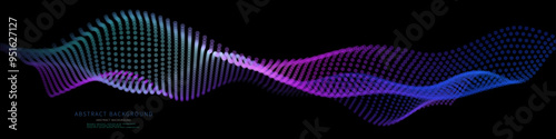 Abstract background wavy flow dots on dark. Technology concept analytical data. Banner for business, science and technology data analytics. Big Data. Vector illustration.