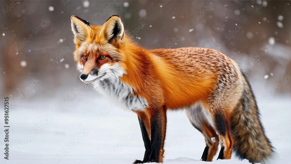 Fototapeta premium A red fox stands in a snowy forest, looking towards the camera with a curious expression. The fox's fur is a beautiful reddish-brown, with a white underbelly and a bushy tail.
