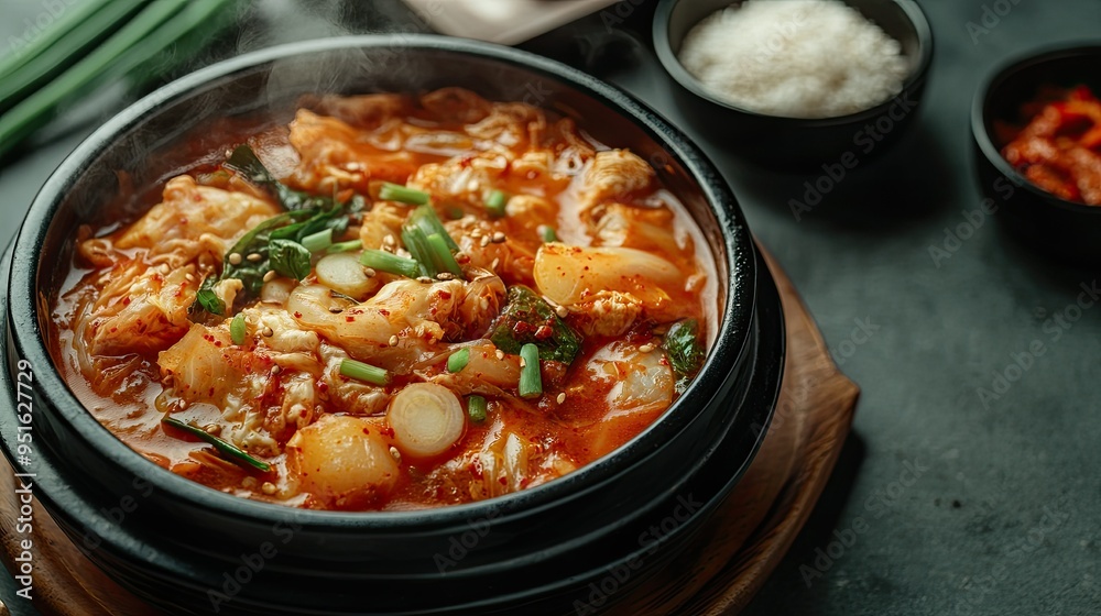 Bowl of spicy Kimchi stew with steam, text background showing traditional Korean ingredients Bowl of spicy Kimchi stew with steam, text background showing traditional Korean ingredients