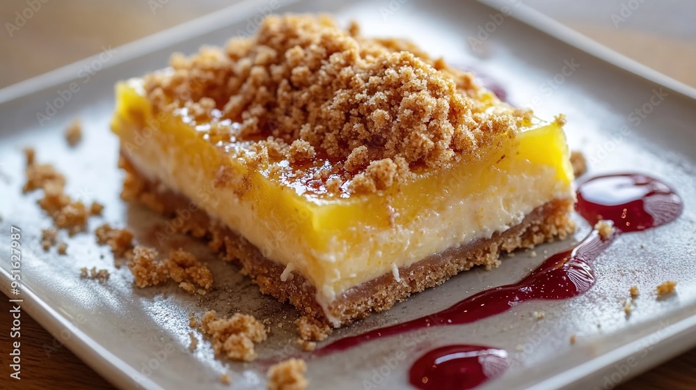 A photograph of a classic lemon bar with a ginger crumble topping, on an off-white rectangular plate. A photograph of a classic lemon bar with a ginger crumble topping, on an off-white rectangular plate.