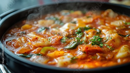 Close-up of a hot pot of spicy Korean Army Stew, text background with origins of the dish