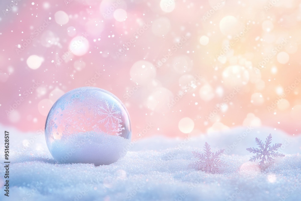 Soft Christmas background with a pastel - colored snow globe and delicate snowflakes Soft Christmas background with a pastel - colored snow globe and delicate snowflakes