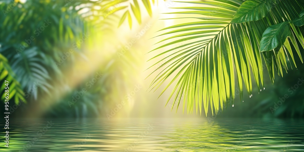 Fototapeta premium Palm leaf on the water with sun rays. Summer background. 