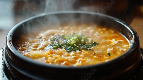 Close-up of a steaming bowl of Doenjang Jjigae soybean paste stew, text background with flavor profiles