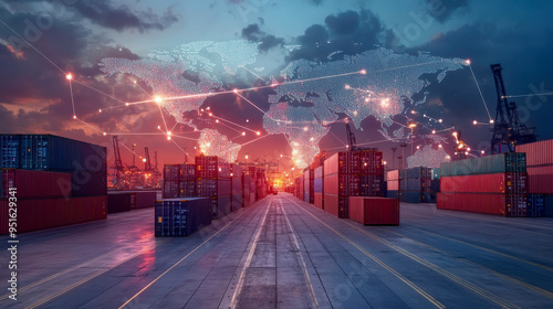 Night view of the large container ship in the container port. Tracking of loading and delivery. Logistics solutions in the future. Ship transport concept. AI generated.