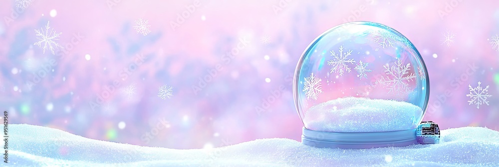 Soft Christmas background with a pastel - colored snow globe and delicate snowflakes Soft Christmas background with a pastel - colored snow globe and delicate snowflakes