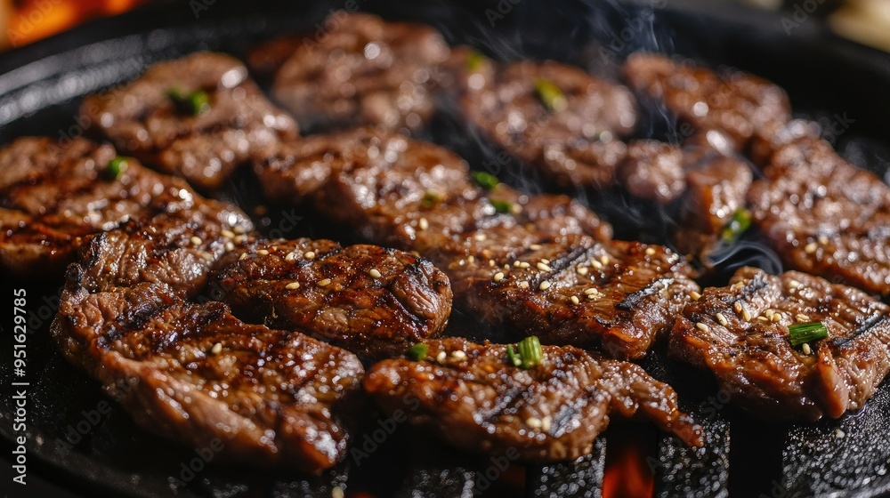 Close-up of marinated Bulgogi beef sizzling on a grill, text background with cooking tips Close-up of marinated Bulgogi beef sizzling on a grill, text background with cooking tips