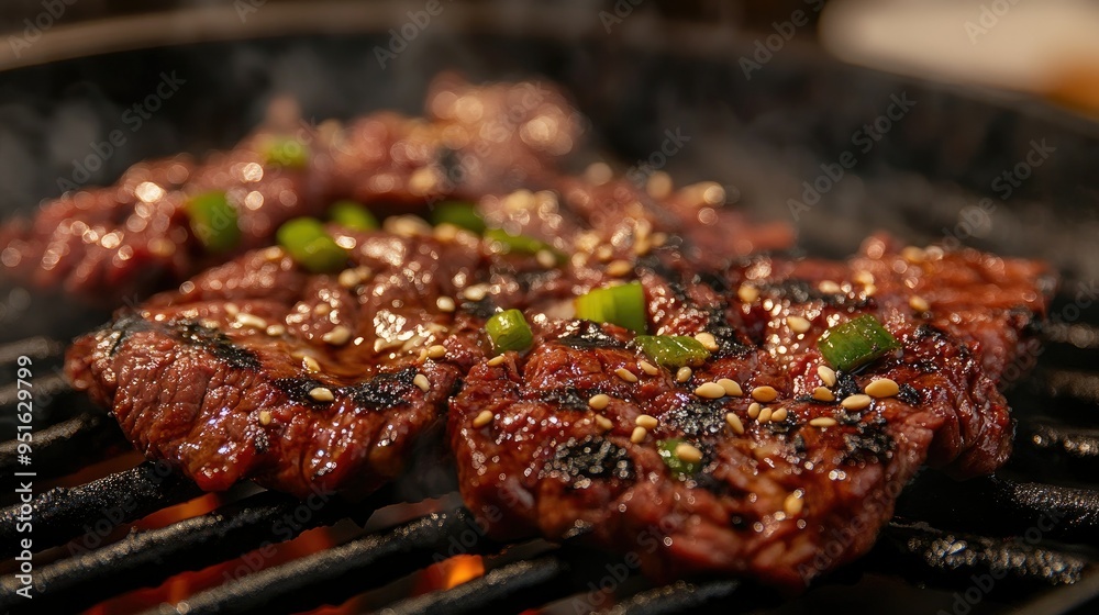 Close-up of marinated Bulgogi beef sizzling on a grill, text background with cooking tips Close-up of marinated Bulgogi beef sizzling on a grill, text background with cooking tips