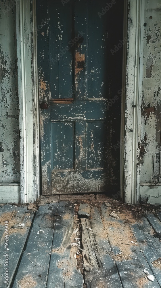 An abandoned room with a weathered blue door and peeling paint, evoking a sense of nostalgia and mystery. An abandoned room with a weathered blue door and peeling paint, evoking a sense of nostalgia and mystery.