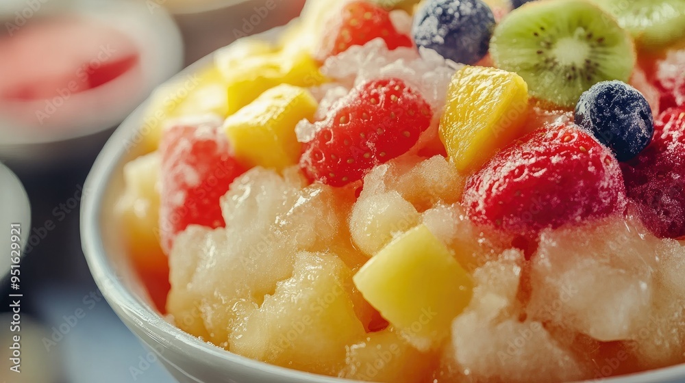 Close-up of refreshing Korean Bingsu shaved ice with fruits, text background on popular summer treats Close-up of refreshing Korean Bingsu shaved ice with fruits, text background on popular summer treats