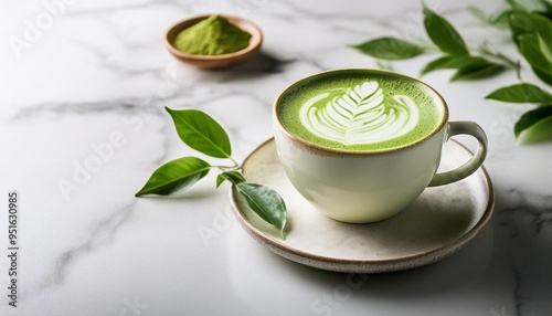 Wallpaper Mural Frothy matcha latte with a swirl of foam art, served in a delicate cup on a marble table Torontodigital.ca