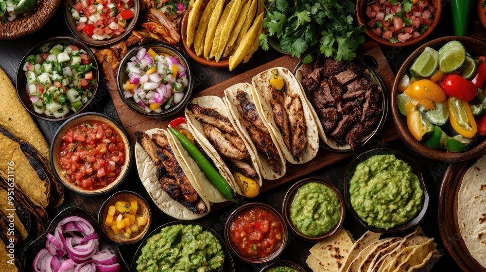 Top view of a taco spread with various fillings like grilled chicken, beef, and vegetables, served with salsa and guacamole Top view of a taco spread with various fillings like grilled chicken, beef, and vegetables, served with salsa and guacamole