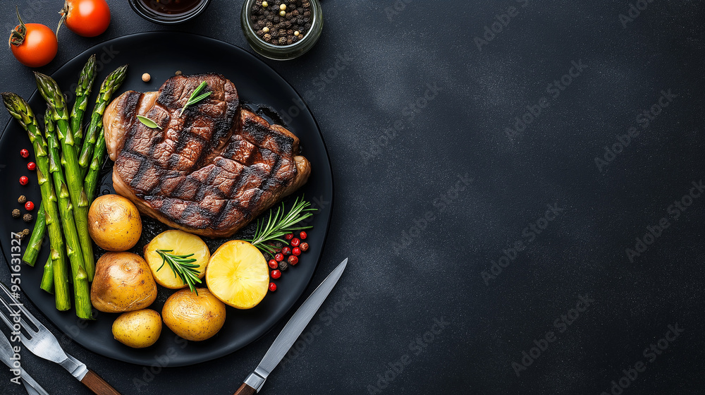 A very delicious western food, there are steak, asparagus, potatoes and other food on the plate, it looks beautiful, there are knives and forks on the left and right side of the plate, overlooking Ang A very delicious western food, there are steak, asparagus, potatoes and other food on the plate, it looks beautiful, there are knives and forks on the left and right side of the plate, overlooking Ang