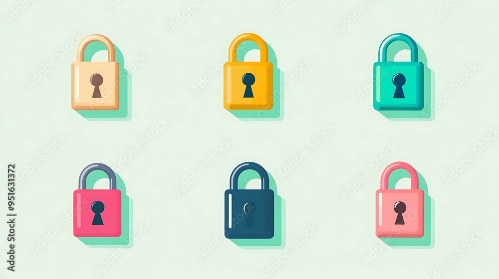 Secure Digital Space - Colorful Lock Icons on Light Green Background Secure Digital Space - Colorful Lock Icons on Light Green Background