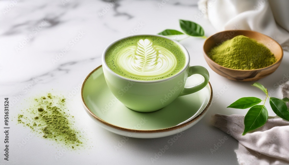 Frothy matcha latte with a swirl of foam art, served in a delicate cup on a marble table Frothy matcha latte with a swirl of foam art, served in a delicate cup on a marble table