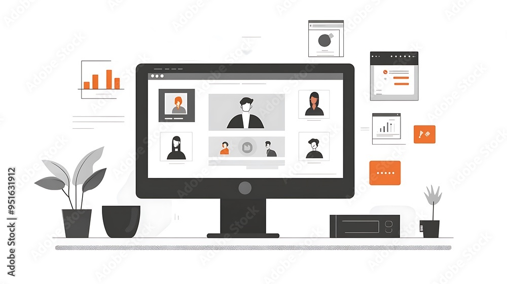 Modern Video Conferencing App Interface with Screen Sharing Icons in Flat Vector Design on White Background Modern Video Conferencing App Interface with Screen Sharing Icons in Flat Vector Design on White Background