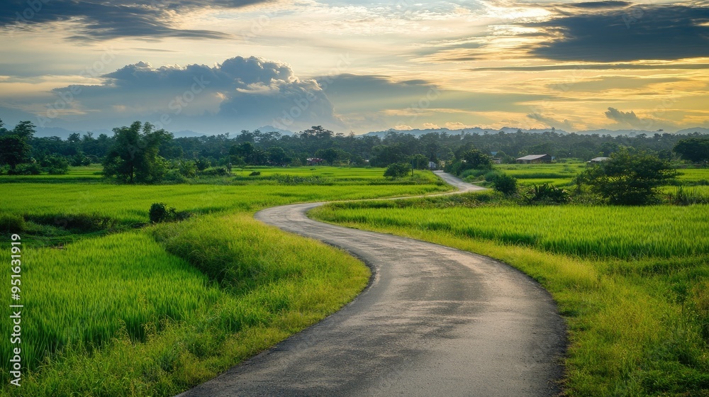 Fototapeta premium green grass outdoor field landscape with roadway