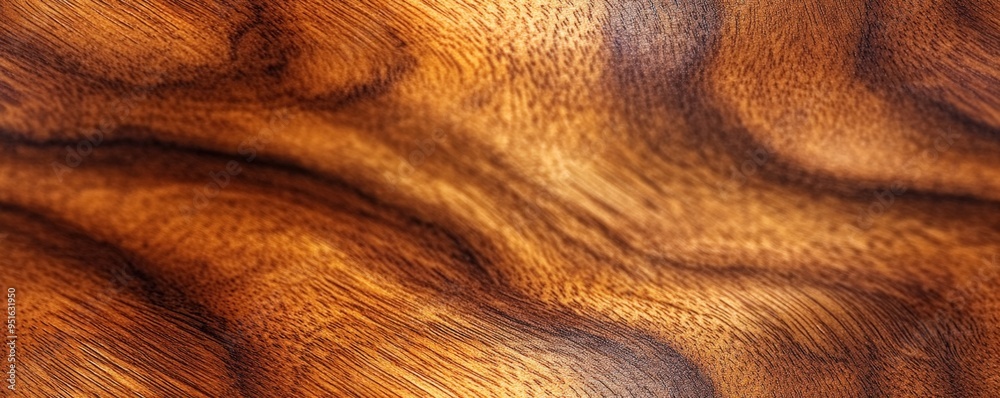 Naklejka premium Close-up shot of a beautiful, polished wooden texture with natural grain patterns. Ideal for backgrounds, designs, and interior projects.
