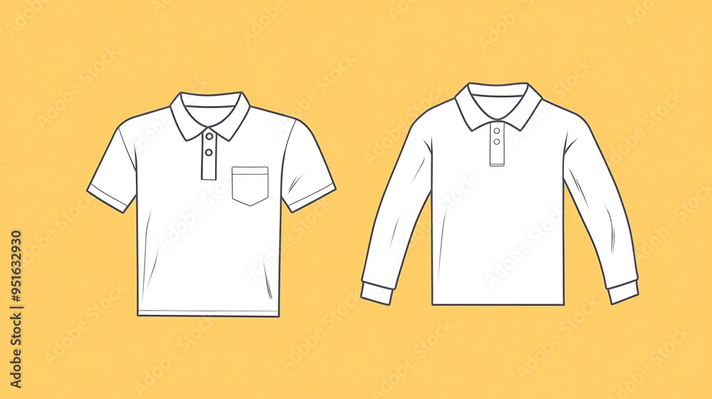 Minimalistic Line Art Vector Illustration of White Polo Shirts and Long-Sleeved Shirts on Yellow Background with Simple Shapes and Angles Minimalistic Line Art Vector Illustration of White Polo Shirts and Long-Sleeved Shirts on Yellow Background with Simple Shapes and Angles
