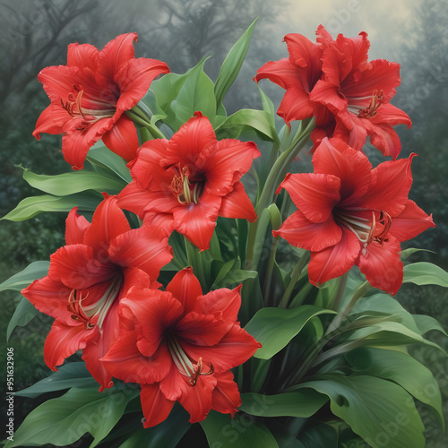 A cluster of red Amaryllis flowers in full bloom, surrounded by green foliage