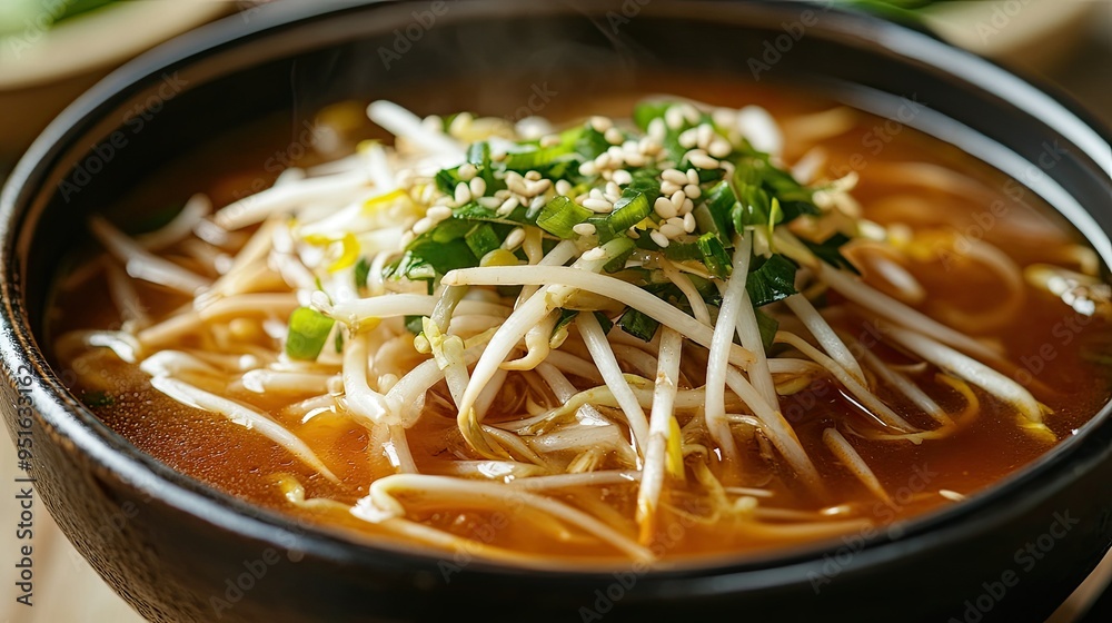 Korean Hangover Soup with bean sprouts, close-up, with text background on post-party remedies Korean Hangover Soup with bean sprouts, close-up, with text background on post-party remedies