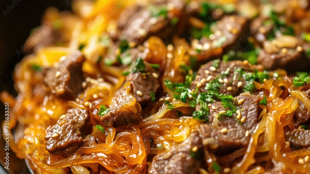Korean Japchae stir-fried noodles with beef, close-up, with text background on festive recipes Korean Japchae stir-fried noodles with beef, close-up, with text background on festive recipes