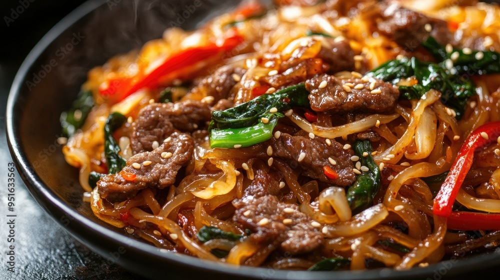 Korean Japchae stir-fried noodles with beef, close-up, with text background on festive recipes Korean Japchae stir-fried noodles with beef, close-up, with text background on festive recipes