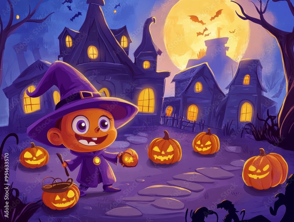 Fototapeta premium Charming Halloween Wizard Monster with Haunted House and Pumpkins