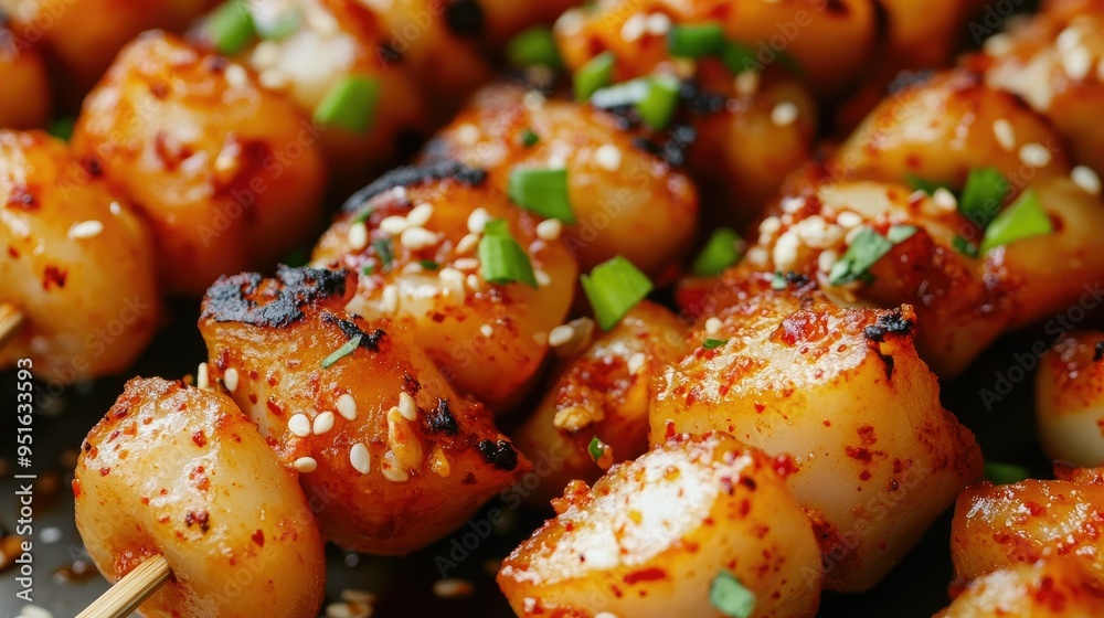 Korean Spicy Rice Cake Skewers, close-up, with text background on quick bites Korean Spicy Rice Cake Skewers, close-up, with text background on quick bites