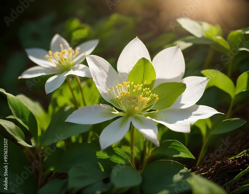Star-shaped flowers in full bloom surrounded by vibrant green leaves with sunlight adding a golden touch in ultra-realistic photography

